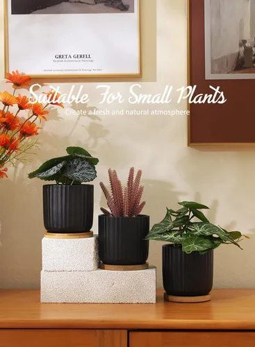 Vista 5 de Macetas pequeñas de 4 pulgadas para interiores, maceta de cerámica con orificio de drenaje y bandeja, maceta moderna con patrón vertical