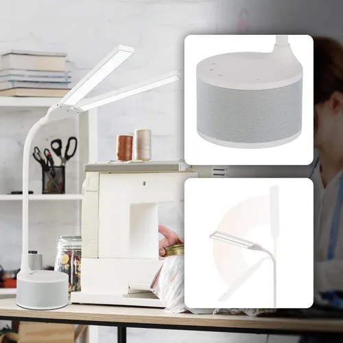 Vista 2 de OttLite Lámpara de escritorio LED con doble cabezal y altavoz Bluetooth, regulable con control táctil y modos de color, puerto de carga USB, LED