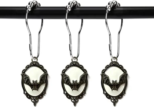 Vista 8 de Juego de 12 anillos de ganchos para cortina de ducha, murciélagos vampiros góticos, suministros para fiesta de Halloween, decoración de casa Fondo