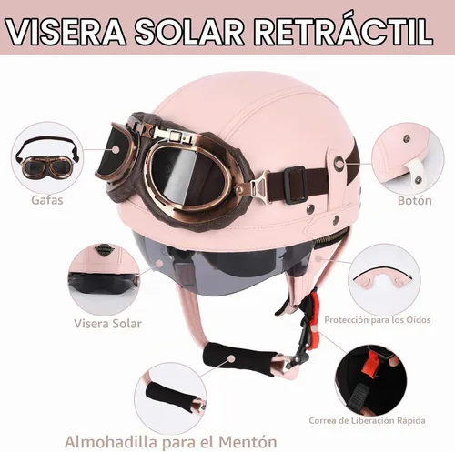 Vista 4 de Casco de motocicleta rosa, medio casco de cuero estilo alemán, casco de motocicleta para mujer con certificación DOT, casco de media cara con gafas