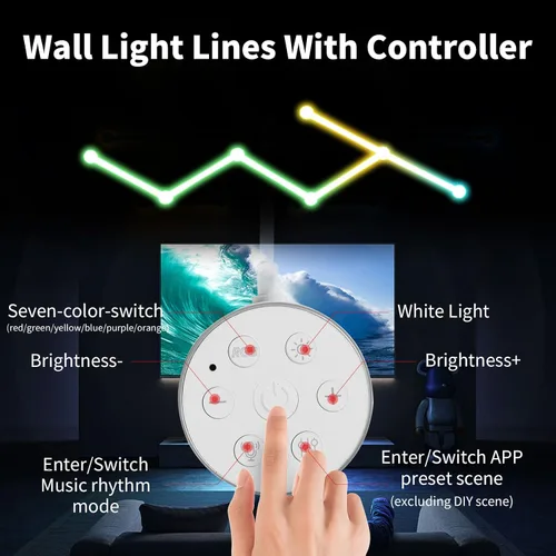 Vista 2 de Líneas de luz de pared inteligentes, barras de luz LED WiFi RGB, 16 M+ sincronización de música regulable de color, barras de luz para decoración