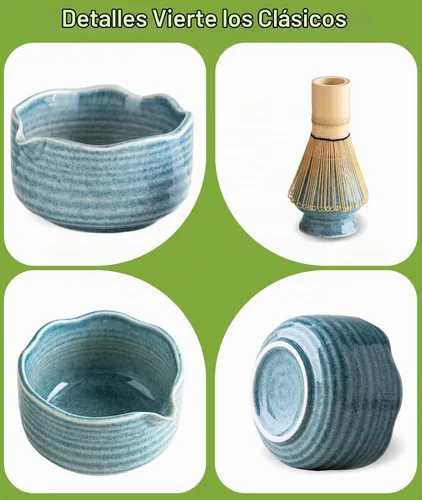 Vista 6 de JBER Juego de matcha con cuenco de cerámica de 17 onzas, batidor de bambú retro azul