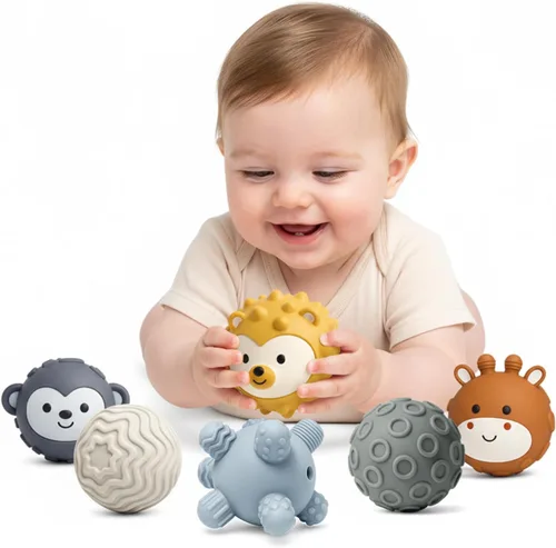 Vista 20 de Pelotas sensoriales, juguetes Montessori con sonajero de bebé de 3 a 6 meses 6 Multiple Textured Stress Balls with Blue Rattle, Bright