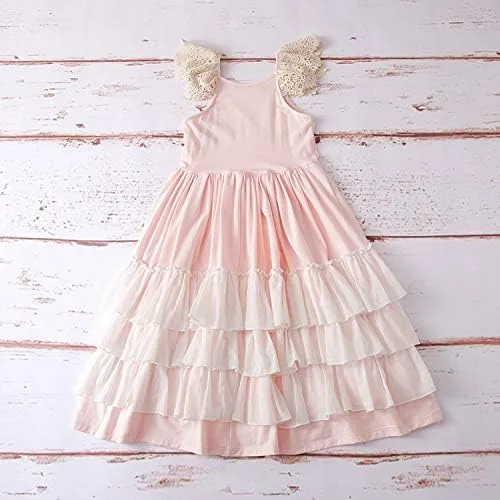 Vista 6 de Vestido largo bohemio con volantes para niñas, color rosa, manga de mosca, volantes, de verano, de algodón