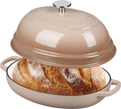 Vista 12 de EDGING CASTING Olla ovalada esmaltada de hierro fundido holandés con tapa, horno holandés de pan para hornear pan de masa madre, pan holandés, horno