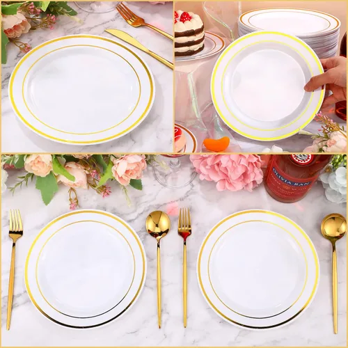Vista 5 de Sieral 200 platos desechables de plástico para fiestas con borde de plástico duro, aperitivo, ensalada, postre de 7.5 pulgadas, elegante vajilla