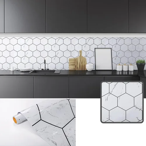 Vista 4 de Dundee Deco Papel de contacto autoadhesivo de mármol sintético blanco, papel tapiz moderno para salpicaduras de cocina, encimera, armarios, cajones