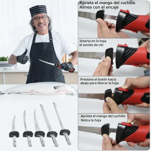 Vista 5 de Cuchillo de filete profesional, con 5 cuchillas antiadherentes recubiertas de nitruro de Ti-Nitruro SS y mango de agarre antideslizante y práctica