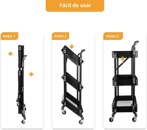 Vista 5 de Carrito plegable de 3 niveles con ruedas, carrito de utilidad plegable organizador, carrito de almacenamiento plegable con 3 tazas colgantes y 6