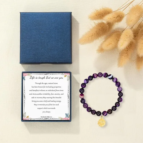 Vista 6 de LINY Get Well Soon Gifts - Pulsera de amatista con cuentas naturales con girasol, Life is Tough But So Are You alentador regalos para mujeres y niñas
