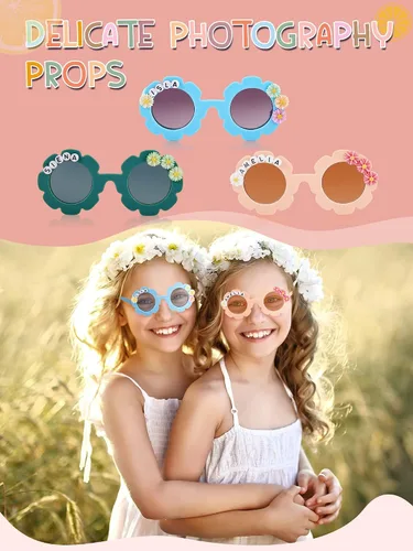 Vista 12 de Dunzy 10 pares de lentes de sol redondos de flores para niños, gafas de bricolaje para exteriores, con 50 margaritas, 100 cuentas de letras al azar