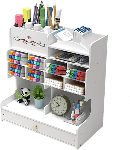 Vista 7 de Hggzeg Organizador de escritorio para bolígrafos, organizador de papelería con cajones y 2 soportes para archivos, almacenamiento de suministros
