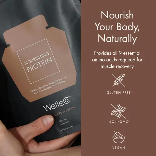 Vista 4 de WelleCo Proteína de chocolate en polvo a base de plantas, mezcla de arroz integral orgánico y guisantes, 0.56 oz de proteína por porción, suplemento