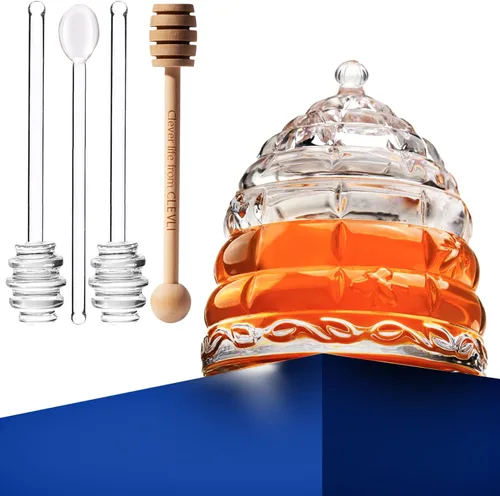 Vista 9 de Elegante tarro de miel de cristal con 2 de cristal + 1 cucharón de madera y 1 cuchara transparente Diseño de colmena Contenedor de 10 onzas