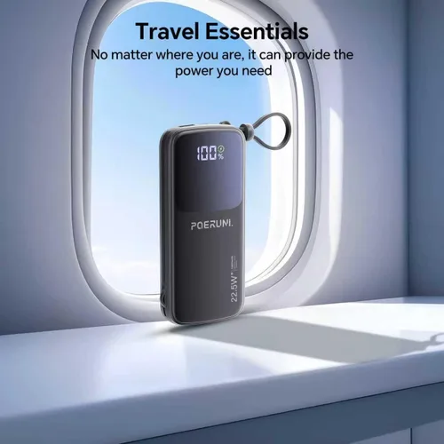 Vista 7 de Cargador portátil de 10000 mAh con dos cables y enchufe de pared Two Built-in Cables and AC Wall Plug Led Display.USB-C Fast Charging Compatible