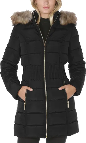 Vista 23 de Laundry by Shelli Segal womens Quilted Puffer Coat with Faux Fur-Trimmed Hood & Fit-and-Flare Waist Hueso