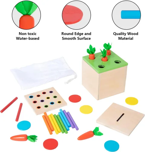 Vista 4 de Juguetes Montessori de madera para regalos de bebé de 1, 2 y 3 años, la caja del kit de juego incluye juegos de cosecha de zanahorias, caja