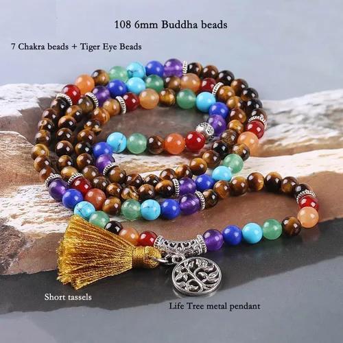 Vista 2 de Juego de 108 cuentas de Mala + pulsera de ojo de tigre de 0.315in, 7 chakras, árbol de la vida, yoga, meditación, piedras preciosas curativas reales