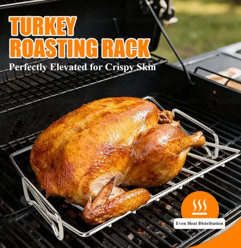 Vista 7 de Asador de pavo de acero inoxidable asado V Rack con sartén