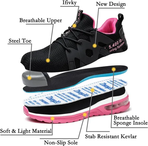 Vista 3 de Ifivky Zapatos de punta de acero para mujer, ligeros, transpirables, zapatos de trabajo cómodos, a prueba de pinchazos, antideslizantes, zapatos