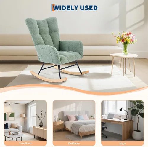 Vista 8 de Mecedora deslizadora tapizada con patas de madera para sala de estar, dormitorio, cuarto de bebé, incluye bolsillos laterales