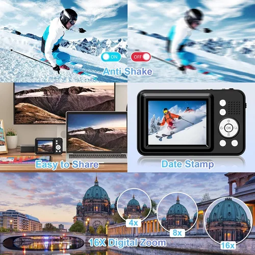 Vista 4 de Cámara digital, FHD 1080P Point and Shoot Cámara para niños, con tarjeta de 32 GB, zoom 16X antivibración, 48 MP compacto portátil pequeño
