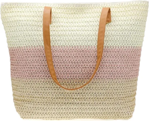 Vista 3 de Bolso grande de paja para mujer, tejido de ratán, bolso de playa de verano, a rayas
