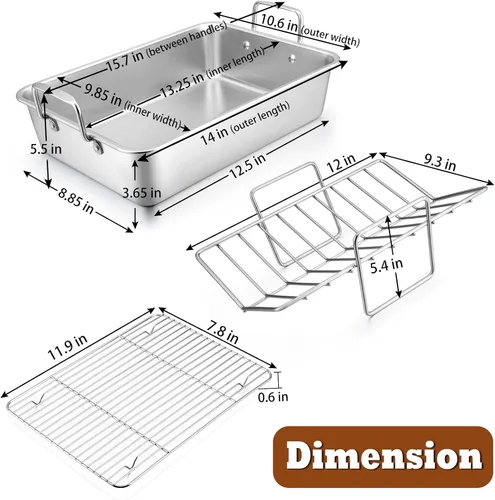 Vista 2 de P&P CHEF Bandeja Asadora de 14 pulgadas con rejilla para hornear y rejilla en forma de V, bandeja rectangular de acero inoxidable para lasaña