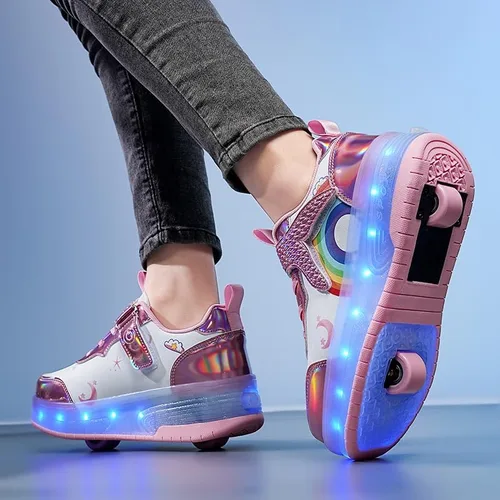 Vista 6 de Zapatos con ruedas para niños y niñas, patines, zapatillas deportivas con luz LED recargable para principiantes, el mejor regalo