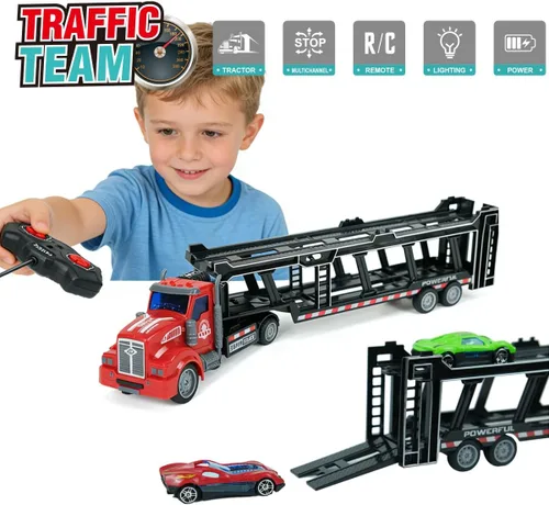 Vista 5 de Camión transportador de automóviles a control remoto incluye 6 coches, 14 pulgadas 1:48 de juguete transportador de automóviles semirremolque
