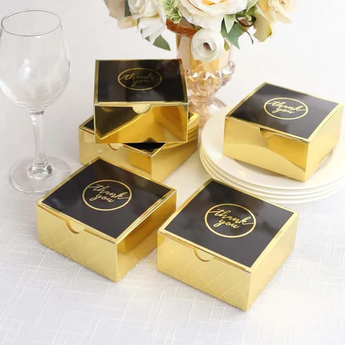 Vista 4 de Efavormart - Paquete de 25 cajas de regalo impresas en oro negro con texto en inglés "Thank You", 4 x 4 x 2 pulgadas, cajas de regalo de cartulina