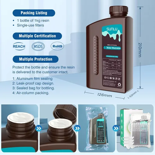 Vista 6 de SUNLU - Resina lavable al agua de 1000 g, resina de impresora 3D de curado rápido para impresoras 3D de resina LCD DLP SLA, resina de fotopolímero