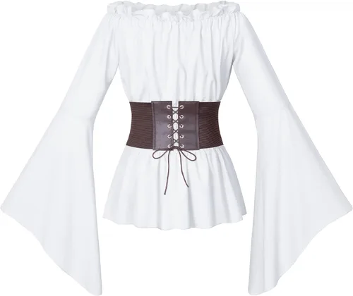 Vista 4 de Conjunto de blusa estilo renacentista victoriana campesina con volantes y cintura fruncida estilo bohemio pirata con cinturón