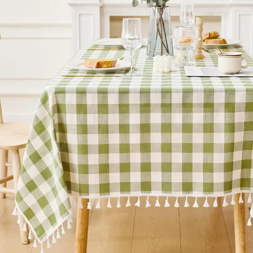 Vista 9 de JIALE - Mantel cuadrado de lino de algodón de cuadros Gingham con borlas, lavable, sin arrugas, mantel a cuadros de búfalo para fiesta al aire Beige