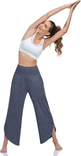 Vista 4 de UEU Pantalones de yoga de pierna ancha para mujer, de cintura alta, cómodos, holgados, casuales, suaves, con bolsillos