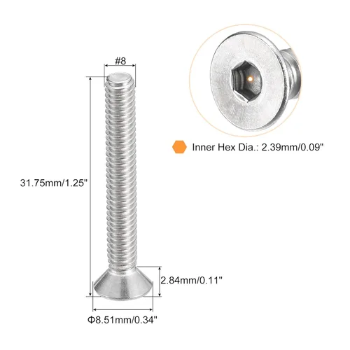 Vista 2 de uxcell #8-32x1-1/4 Tornillos de cabeza avellanada plana, 25 piezas de tornillos de cabeza plana con rosca completa de acero inoxidable 304, pernos