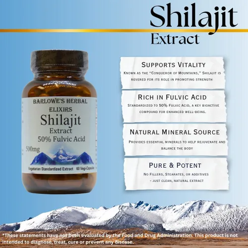 Vista 3 de Barlowe's Herbal Elixirs Extracto de ácido fúlvico Shilajit 50% ácido fúlvico 500 mg 60 cápsulas vegetales
