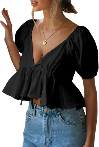 Vista 4 de Remidoo Blusa corta de manga corta abombada con cuello en V y dobladillo con volantes para mujer