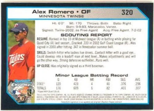 Vista 2 de 2004 Bowman Chrome #320 Alex Romero Minnesota Twins MLB Baseball Card (RC - Rookie Card) NM-MT