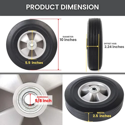 Vista 2 de AR-PRO - Neumáticos y ruedas de goma sólida sin planos de 10 x 2.5 pulgadas, ruedas sólidas de 10 pulgadas con ejes de 5/8 pulgadas y cubo