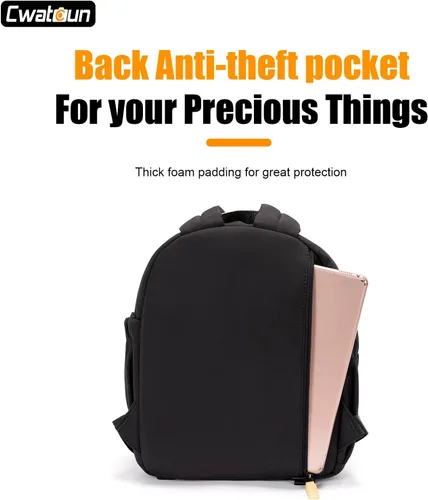 Vista 7 de Cwatcun Mochila para cámara pequeña para mujer, bolsa de cámara réflex digital de moda con correa de trípode, compartimento para laptop y divisores