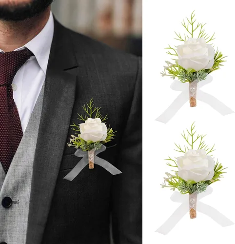 Vista 11 de Garisey Flores Artificiales Rosas Blancas Flores de Muñeca y Boutonniere para Hombres Flores de Boda Ceremonia Baile de Graduación