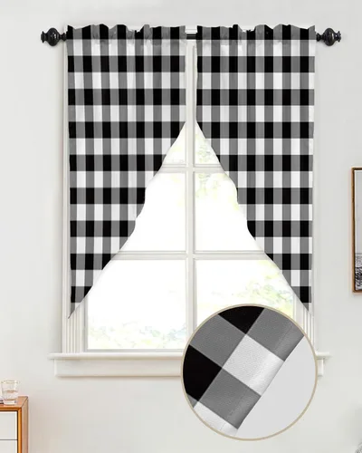 Vista 2 de Cenefas con festón a cuadros en blanco y negro para ventanas, cortinas de cocina estilo granja de 36 pulgadas de largo, juego de 2 paneles, cortinas