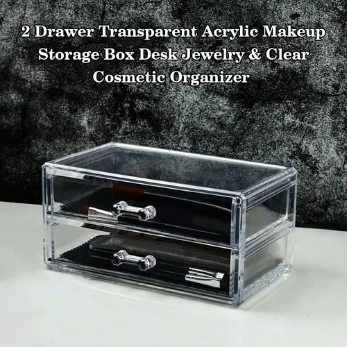 Vista 4 de Organizador de maquillaje de acrílico transparente con 2 cajones, caja de almacenamiento de maquillaje de escritorio y organizador de cosméticos