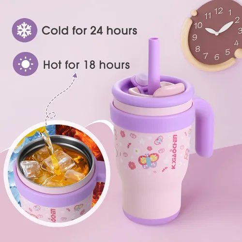 Vista 7 de KXIAOCHEN Vaso para niños de 14 onzas con asa para evitar derrames, vaso aislado reutilizable de acero inoxidable para niños pequeños, mantiene