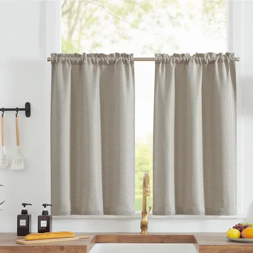 Vista 9 de jinchan Cortinas de cocina con textura de lino, con bolsillo para barra, con aspecto de lino para sala de estar, casa de campo, cafetería, cortinas