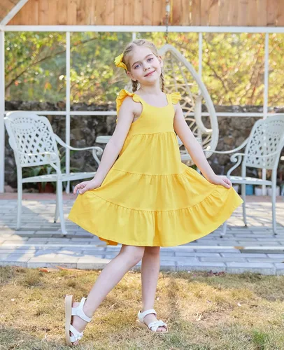 Vista 2 de Vieille Vestido de verano para niñas pequeñas, con volantes, sin mangas, casual, vestido de playa, escalonado, vestido de princesa para 2-8 años