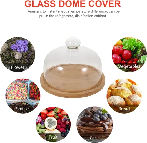 Vista 6 de DOITOOL Cúpula de vidrio con base de madera, soporte de vidrio para tartas, cúpula de cristal, cubierta de tarro de cristal transparente para postre