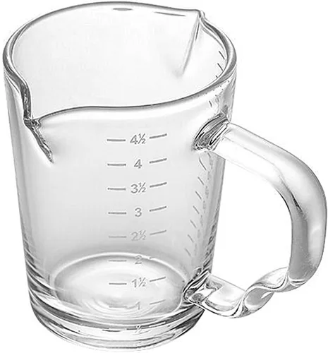 Vista 5 de Taza medidora de vidrio de 4 1/2 onzas con doble boquilla para café expreso, vaso graduado con mango aislado, jarra triple de escala transparente