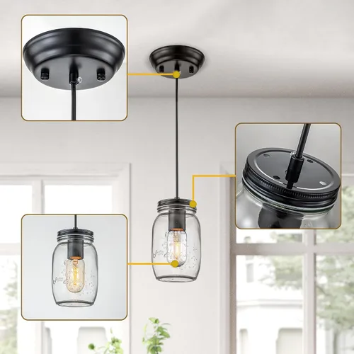Vista 4 de Lámpara colgante ajustable para isla de cocina, 1 luz colgante de cristal Mason Jar (2 unidades)